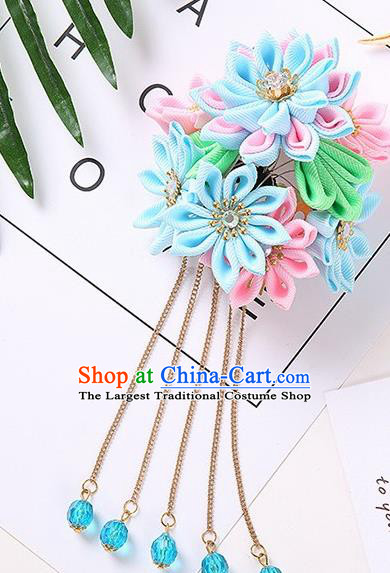 Japanese Traditional Kimono Hair Accessories Handmade Japan Geisha Blue Flowers Hairpins for Women