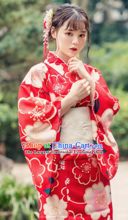 Japanese Traditional Costume Geisha Printing Sakura Red Furisode Kimono Asian Japan Yukata Dress for Women