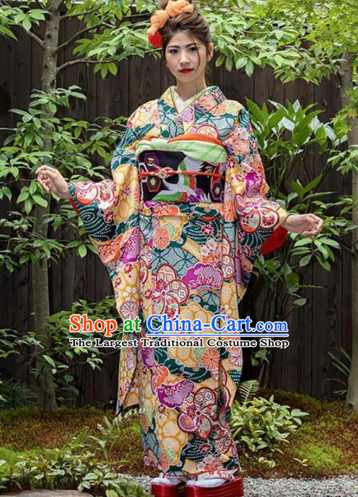 Japanese Traditional Costume Geisha Printing Green Furisode Kimono Asian Japan Yukata Dress for Women