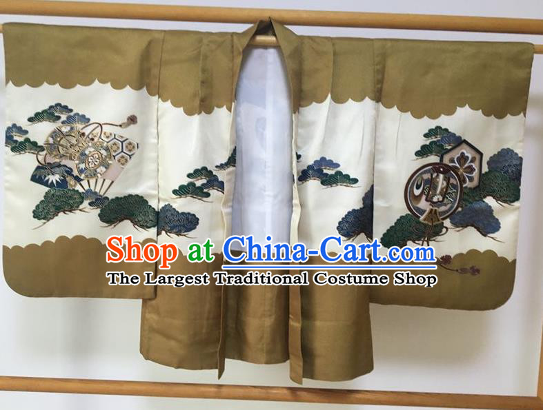 Japanese Traditional Handmade Printing Pine Khaki Haori Coat Kimono Asian Japan Boys Yukata Costume for Kids