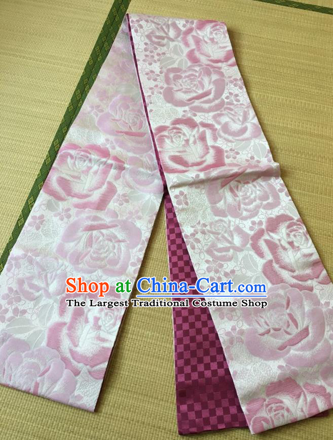 Japanese Traditional Yukata Roses Pattern Brocade Belts Asian Handmade Japan Geisha Kimono Waistband for Women