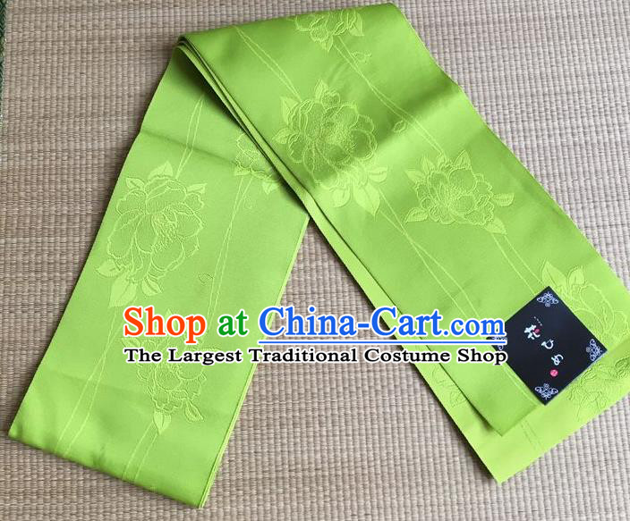 Japanese Traditional Court Yukata Classical Peony Pattern Green Brocade Belts Asian Handmade Japan Geisha Kimono Waistband for Women