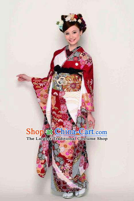 Japanese Traditional Printing Wine Red Furisode Kimono Asian Japan Costume Geisha Yukata Dress for Women