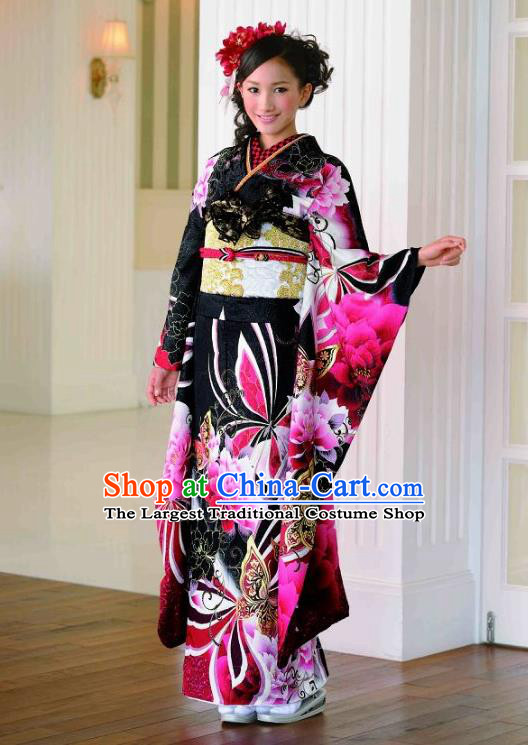 Japanese Traditional Printing Peony Black Furisode Kimono Asian Japan Costume Geisha Yukata Dress for Women