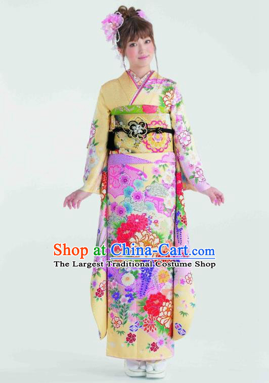 Japanese Traditional Printing Peony Yellow Furisode Kimono Asian Japan Costume Geisha Yukata Dress for Women