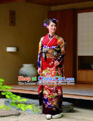 Japanese Traditional Printing Iromuji Red Furisode Kimono Asian Japan Costume Geisha Yukata Dress for Women