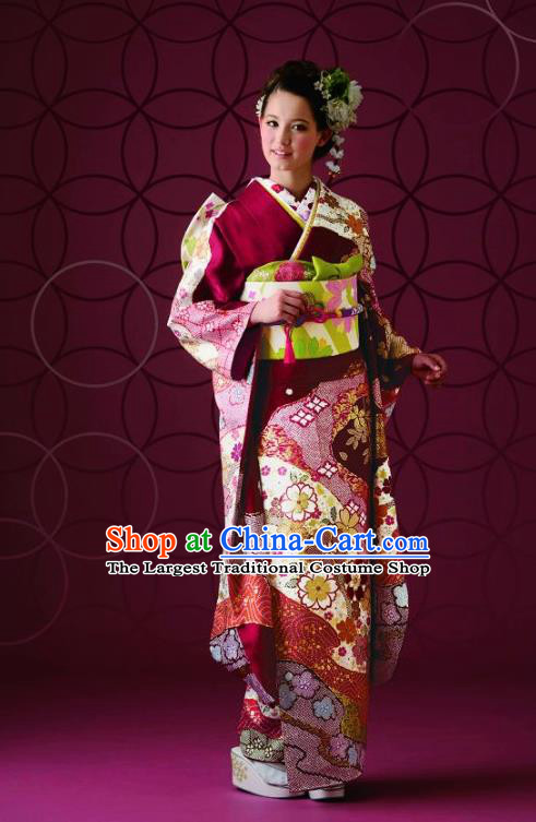 Japanese Traditional Printing Iromuji Wine Red Furisode Kimono Asian Japan Costume Geisha Yukata Dress for Women