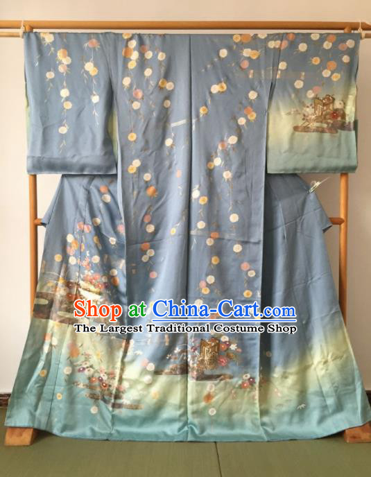 Japanese Traditional Printing Blue Furisode Kimono Asian Japan Costume Geisha Yukata Dress for Women