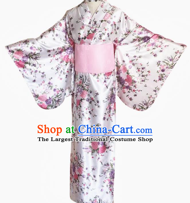 Japanese Traditional Courtesan Printing Flowers White Furisode Kimono Asian Japan Costume Geisha Yukata Dress for Women