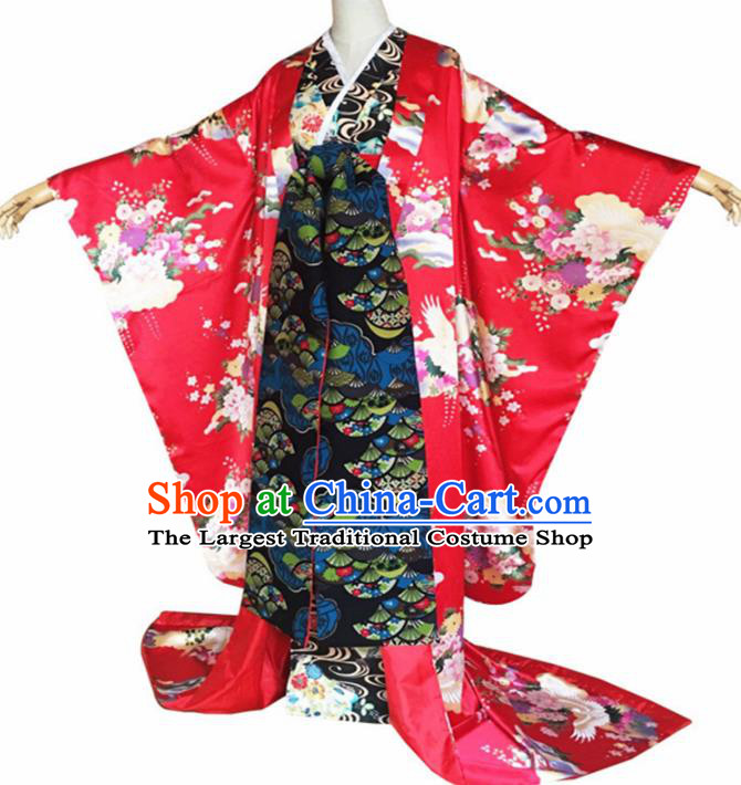 Japanese Traditional Wedding Red Silk Shiromuku Furisode Kimono Asian Japan Costume Geisha Yukata Dress for Women