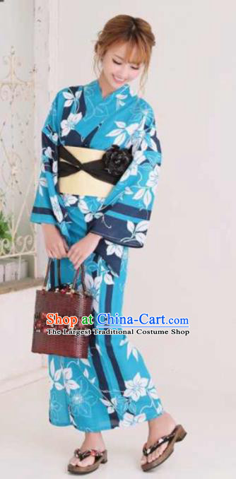 Japanese Traditional Blue Kimono Asian Japan Costume Geisha Yukata Dress for Women