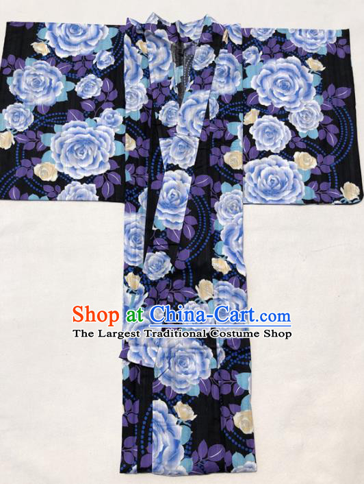 Traditional Japanese Classical Printing Blue Peony Kimono Asian Japan Costume Geisha Yukata Dress for Women