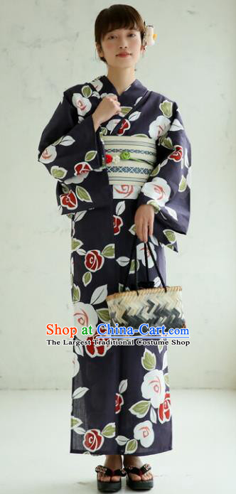 Japanese Classical Printing Roses Black Kimono Asian Japan Traditional Costume Geisha Yukata Dress for Women