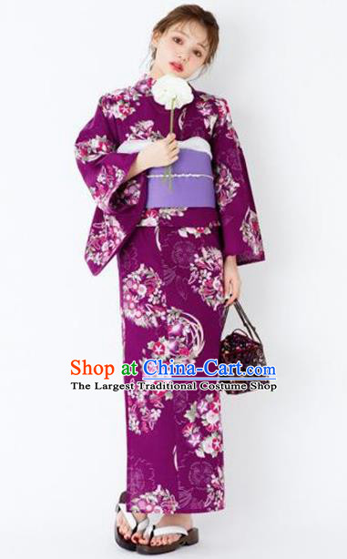 Traditional Japanese Classical Printing Petunia Purple Kimono Asian Japan Costume Geisha Yukata Dress for Women