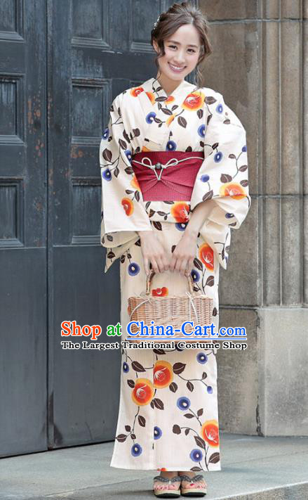 Traditional Japanese Classical Printing Camellia White Kimono Asian Japan Costume Geisha Yukata Dress for Women