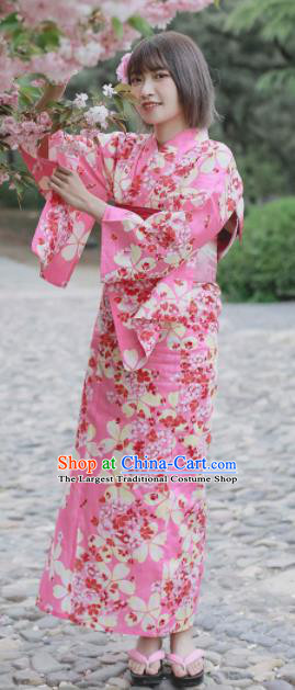 Japanese Classical Printing Sakura Pink Kimono Asian Traditional Japan Costume Geisha Yukata Dress Complete Set for Women