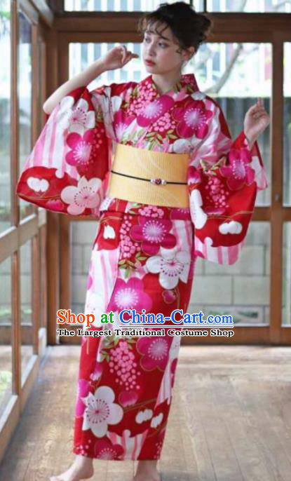 Japanese Traditional Printing Sakura Rosy Kimono Asian Japan Costume Geisha Yukata Dress for Women