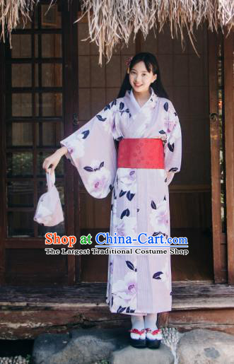 Traditional Japanese Classical Printing Camellia Violet Kimono Asian Japan Costume Geisha Yukata Dress for Women