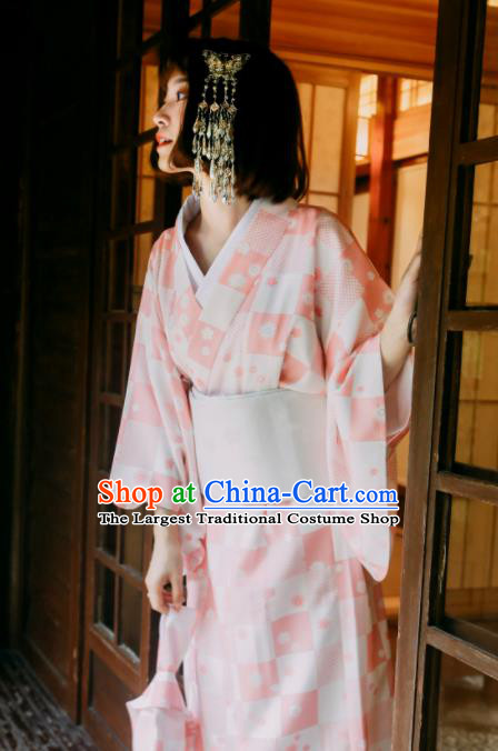 Traditional Japanese Classical Printing Pink Kimono Asian Japan Costume Geisha Yukata Dress for Women