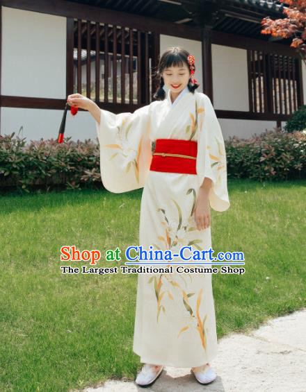 Traditional Japanese Classical Printing Orchid White Kimono Asian Japan Costume Geisha Yukata Dress for Women