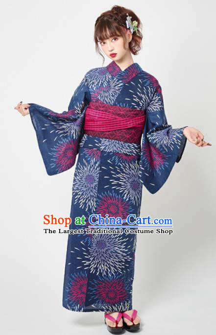 Japanese Classical Printing Fireworks Navy Kimono Asian Japan Traditional Costume Geisha Yukata Dress for Women