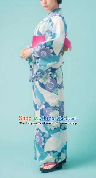 Japanese Classical Printing Dahlia Blue Kimono Asian Japan Traditional Costume Geisha Yukata Dress for Women