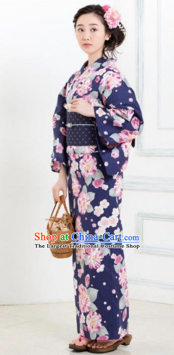 Japanese Classical Printing Hibiscus Navy Kimono Asian Japan Traditional Costume Geisha Yukata Dress for Women