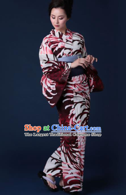 Japanese Classical Printing Chrysanthemum Kimono Asian Japan Traditional Costume Geisha Yukata Dress for Women