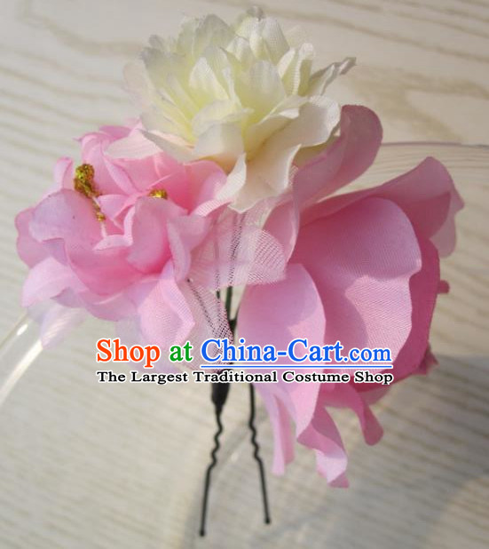 Japanese Traditional Geisha Kimono Hair Accessories Japan Yukata Pink Flowers Hairpins for Women