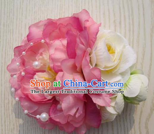 Japanese Traditional Geisha Kimono Hair Accessories Japan Yukata Pink Peony Hair Claw for Women