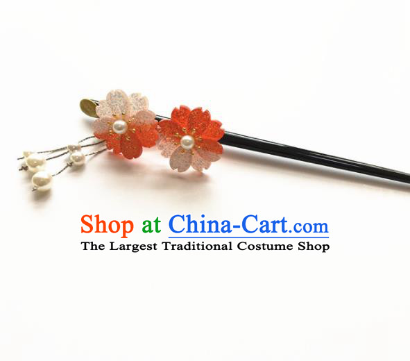 Japanese Traditional Geisha Kimono Hair Accessories Japan Yukata Red Sakura Tassel Hairpin for Women