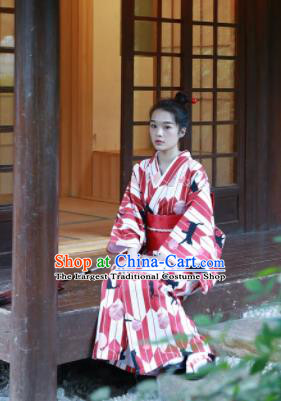 Japanese Classical Printing Cats Red Kimono Asian Japan Traditional Costume Geisha Yukata Dress for Women