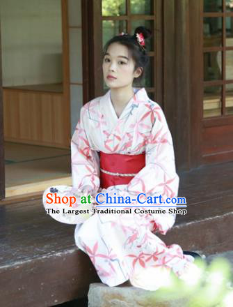 Japanese Classical Printing Red Maple Leaf Kimono Asian Japan Traditional Costume Geisha Yukata Dress for Women