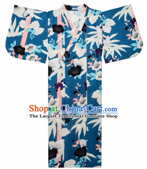 Japanese Classical Printing Bamboo Leaf Blue Kimono Asian Japan Traditional Costume Geisha Yukata Dress for Women