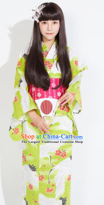 Japanese Classical Printing Cranes Green Yukata Dress Asian Japan Traditional Costume Geisha Furisode Kimono for Women