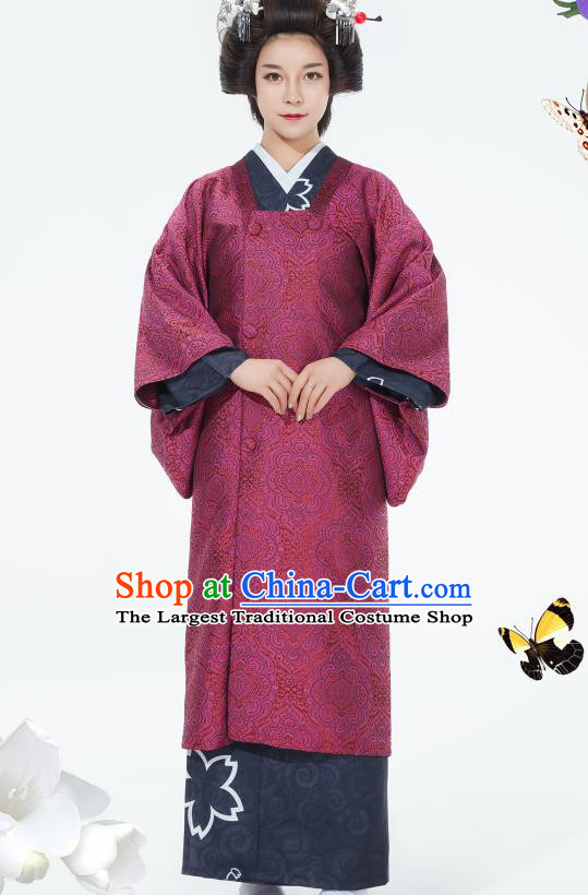 Japanese Classical Court Wine Red Yukata Robe Asian Japan Traditional Costume Geisha Furisode Kimono Dress for Women