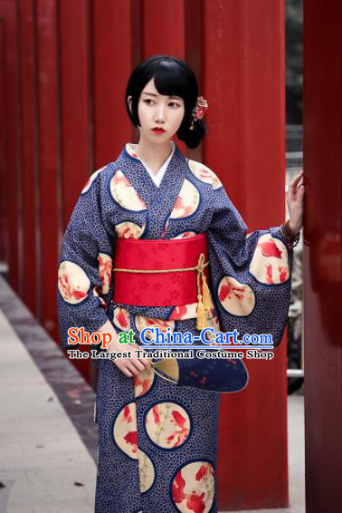 Japanese Classical Printing Navy Blue Kimono Asian Japan Traditional Costume Geisha Yukata Dress for Women