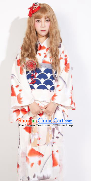 Japanese Classical Printing Red Goldfish Yukata Dress Asian Japan Traditional Costume Geisha Kimono for Women