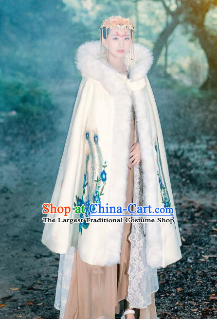 Ancient Chinese Ming Dynasty Historical Costume Traditional Palace Princess Embroidered Peony White Cloak for Women