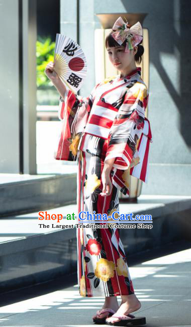 Japanese Classical Printing Red Yukata Robe Asian Japan Traditional Costume Geisha Furisode Kimono Dress for Women