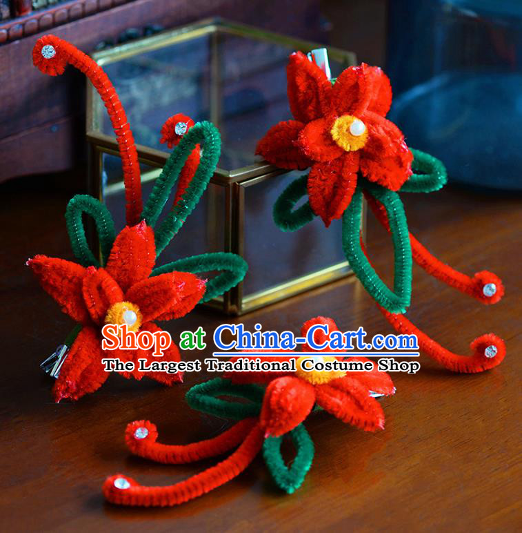 Traditional Chinese Ancient Palace Red Velvet Flower Hair Claws Hairpins Handmade Wedding Hair Accessories for Women