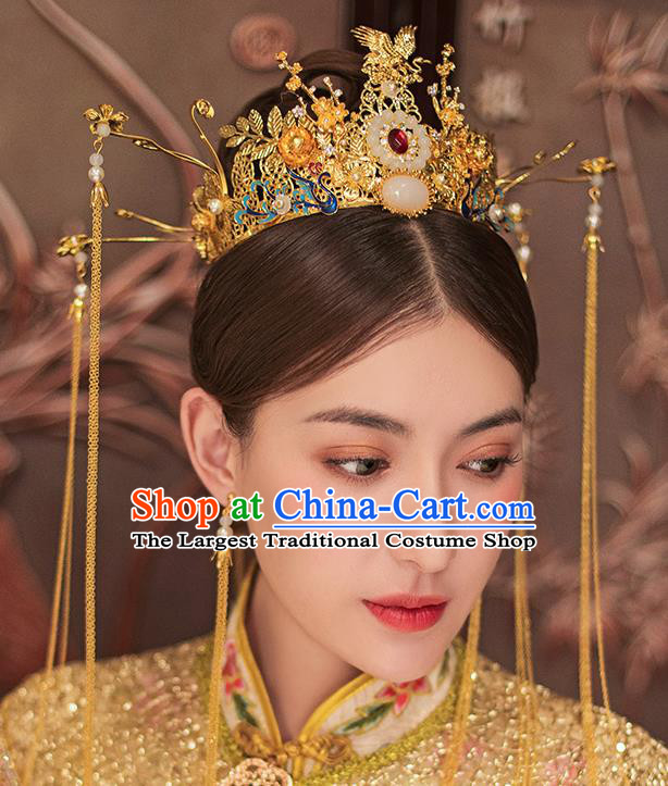 Traditional Chinese Ancient Bride Tassel Hairpins Blueing Phoenix Coronet Handmade Wedding Hair Accessories for Women