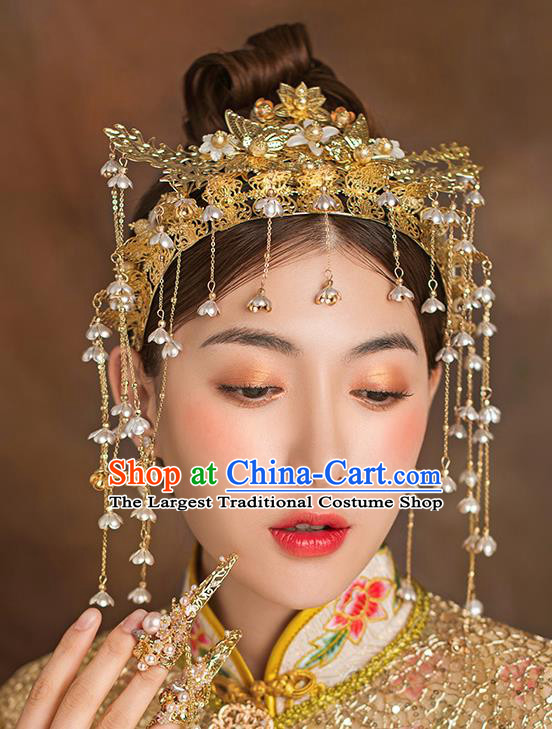 Traditional Chinese Ancient Bride Tassel Hairpins Golden Phoenix Coronet Handmade Wedding Hair Accessories for Women