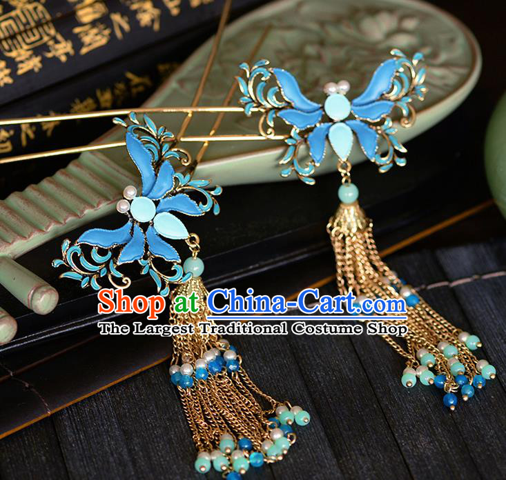 Traditional Chinese Ancient Palace Cloisonne Butterfly Tassel Hairpins Handmade Wedding Hair Accessories for Women