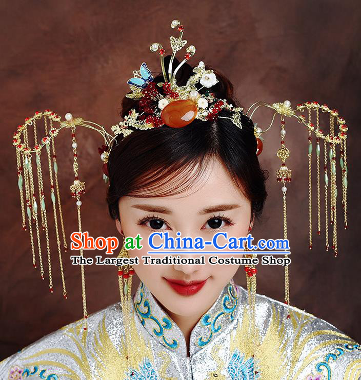 Traditional Chinese Ancient Bride Tassel Hairpins Phoenix Coronet Handmade Wedding Hair Accessories for Women