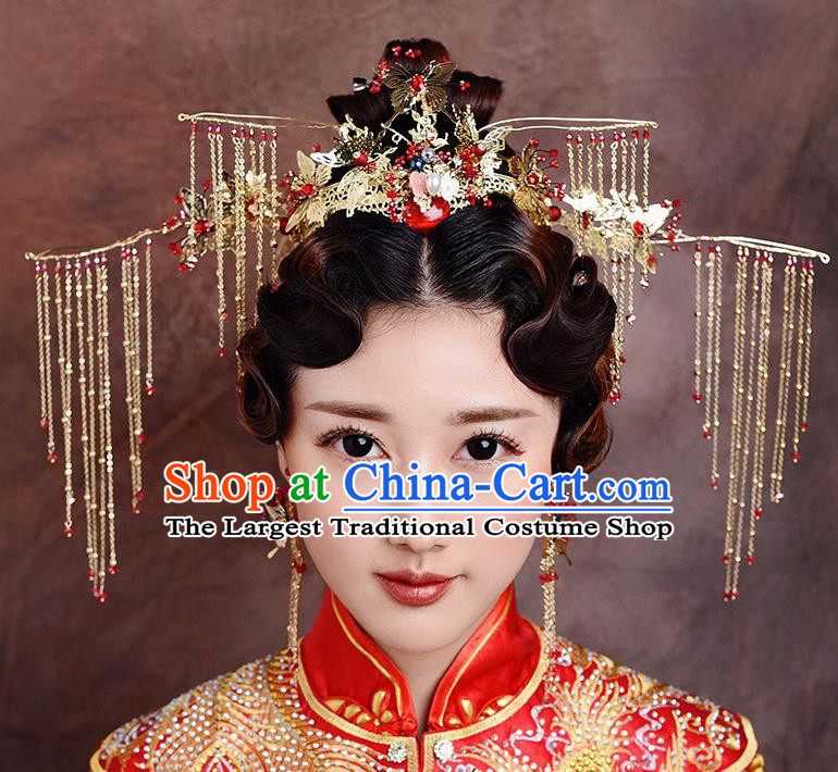 Traditional Chinese Ancient Bride Hairpins Golden Butterfly Tassel Phoenix Coronet Handmade Wedding Hair Accessories for Women