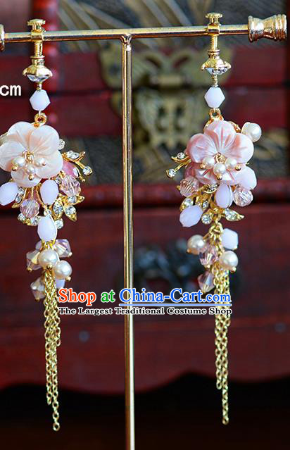 Traditional Chinese Ancient Palace Hanfu Pink Flowers Tassel Earrings Handmade Wedding Ear Accessories for Women