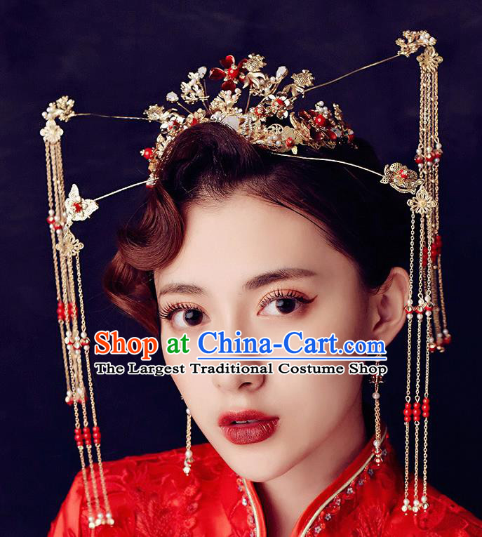 Traditional Chinese Ancient Hanfu Tassel Phoenix Coronet Bride Hairpins Handmade Wedding Hair Accessories for Women