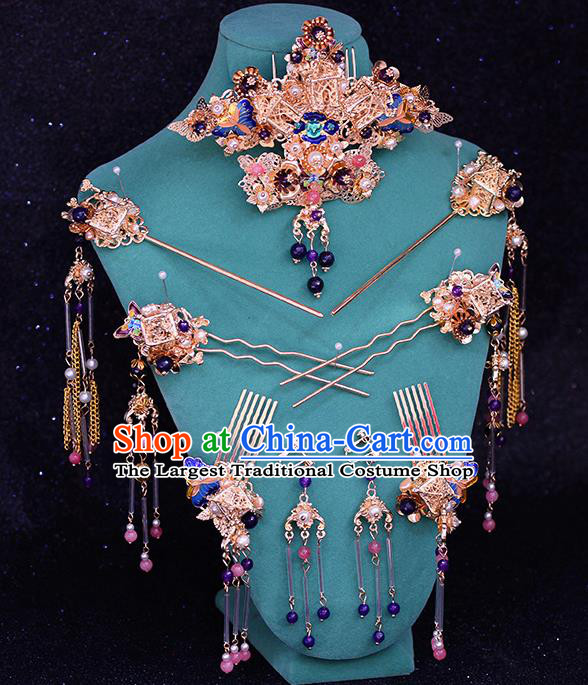 Traditional Chinese Ancient Hanfu Cloisonne Hair Crown Bride Hairpins Handmade Wedding Hair Accessories for Women