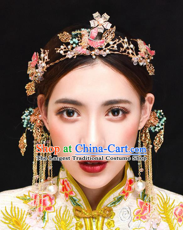 Traditional Chinese Ancient Hanfu Pink Woodpecker Hair Clasp Bride Hairpins Handmade Wedding Hair Accessories for Women